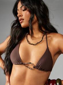 MISSGUIDED Conjunto de bikini metálico premium de dos piezas para uso en resort, con parte superior de corte triangular y Bottom brasileña ajustable, ideal para playa, piscina y vacaciones - Café integral - Ver 5