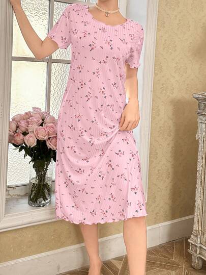 CottageSlumber Bloemen Print Ribbed Relaxed Fit Short Sleeve Hem Rolled Nightgown Babydoll Perfect Moo Bountiful Splendor Cozy Elegante view 5