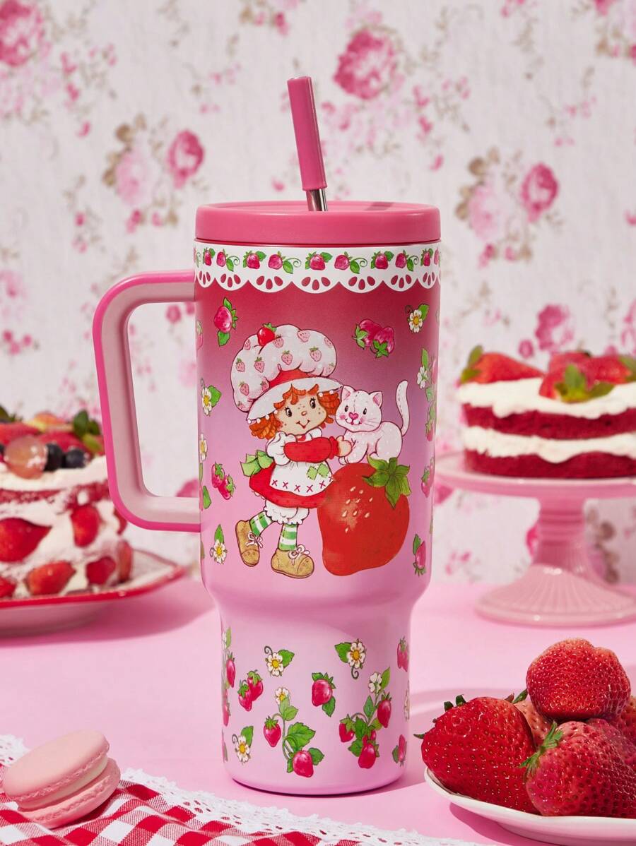 Strawberry Shortcake X SHEIN 40 OZ / 1200 ML Tumbler With Handle, Insulated Cup, Vacuum Insulated Water Bottle, Leak-Proof Lid And Straw, Stainless Steel Travel Bottle, Car Bottle - Red - View 1