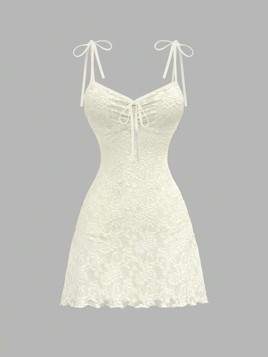 SHEIN MOD 褶皱胸前系带蝴蝶结肩带可调节腰身A字提花杏色连衣裙，波西米亚风，适合音乐会、毕业典礼、节日、复古、热带、优雅、度假、下午茶、夏威夷风、早午餐、仙女风、女士优雅穿搭、锐舞节穿搭、女士夏季连衣裙、音乐节、外出等场合。 - 杏色 - 查看 1