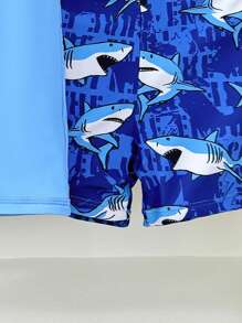 Young Boy Cute Cartoon Shark Print Two-Piece Swimsuit Set With Swimming Cap - Multicolor - View 4
