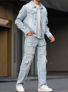 Manfinity LEGND Men's Long Sleeve Frayed Edge Single Breasted Denim Jacket And Cargo Denim Pants Set - Light Wash - View 6