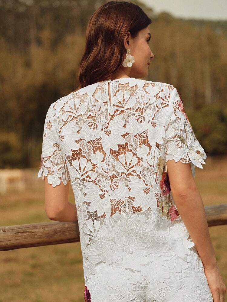 Women Elegant Scoop Neck Embroidered Lace Hollow-Out Floral Trim Crochet Top, T-Shirt Cover Up, Suitable For Beach, Festival, Holiday, Casual, Resort, Summer