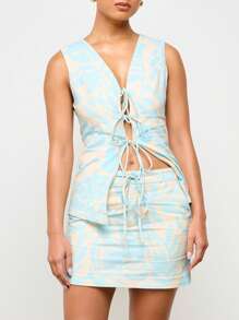 AiiRZ Designer Mini Skirt Side Tie Summer Beach Resort Wear Palm Print Tropical Vacation Mini Skirt Side Drawstring Beachwear Fashion