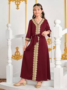 Tween Girl Middle Eastern Gold Thread Woven V-Neck 3/4 Sleeve Long Robe With Belt & Long Dress - Burgundy - View 4