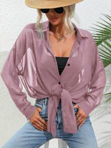 SHEIN LUNE 女士纯色落肩长袖单排扣休闲衬衫 - 粉色 - 查看 6