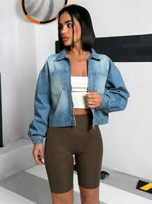 SHEIN Cottnline DENIM CROPPED JACKET WASHED BLUE CASUAL - Medium Wash - View 7