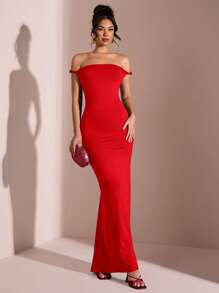 SHEIN BAE Elegant Off Shoulder Backless Bodycon Ruched Wine Red Long Dress For Women, Suitable For Valentine's Day Date