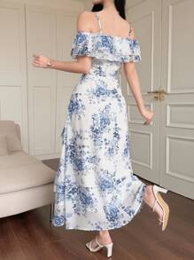 DAZY Vestido de mujer elegante con estampado floral, volantes y dobladillo con volantes, ropa de vuelta al colegio