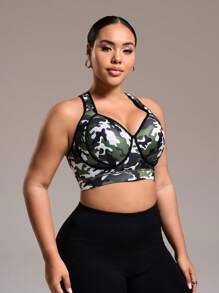 Rhythm Era Plus Size Sports Fixed Cup Bra, Fashionable Camouflage Gathering Cup, Adjustable Shoulder Straps, Hook & Eye Back Closure, Sexy Back