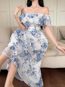 DAZY Vestido de mujer elegante con estampado floral, volantes y dobladillo con volantes, ropa de vuelta al colegio