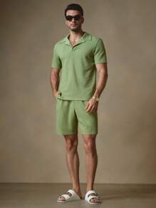 Manfinity VCAY 2pcs/Set Men's Jacquard Knitted Slim Fit Raglan Casual Polo Shirt Set, Suitable For Summer - Green - View 3