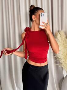 SHEIN Clasi Women 3D Floral Ruffle Trim Red Camisole Top, Spring/Summer  Summer Tops - Red - View 4