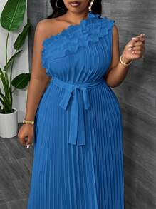 Slaydiva Plus Size Elegant Formal Party Asymmetric Shoulder Ruffle Waisted Pleat Dress, Apricot Color, Summer