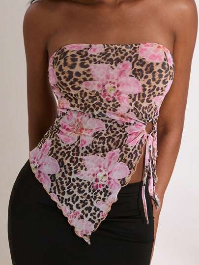 Opulessa 女士针织网眼印花不对称下摆修身抹胸，优雅的暑假女士，女士西部风，波西米亚风，乡村音乐会，乡村音乐会，节日，女士海滩，婚礼