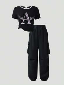 SHEIN Explorewe 少女时尚休闲印花 T 恤和宽松工装裤两件套，春夏和秋季 - 彩色 - 查看 3