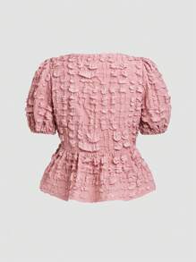 SHEIN Unity 女式春夏乡村度假风泡泡袖收腰纹理蝴蝶结衬衫 - 粉色 - 查看 2