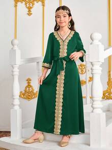Tween Girl Middle Eastern Gold Thread Woven V-Neck 3/4 Sleeve Long Robe With Belt & Long Dress - Dark Green - View 3