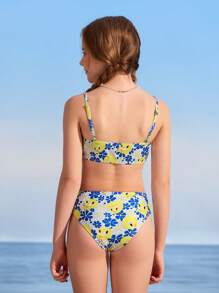 LOONEY TUNES X SHEIN Tween Girl Summer Fresh Cartoon & Ditsy Floral Cute Bikini Set - Blue - View 2