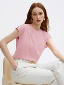 BizChic Women's Solid Color Round Neck Ruffle Decor Loose Cap Sleeve Top, Basic Urban Commute Style, Simple Elegant Fashion Business Casual, Suitable For Teachers And Office Wear