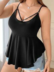 SHEIN EZwear Áo ba lỗ viền bèo nhún màu đen cỡ lớn cho nữ - màu đen - Xem 6