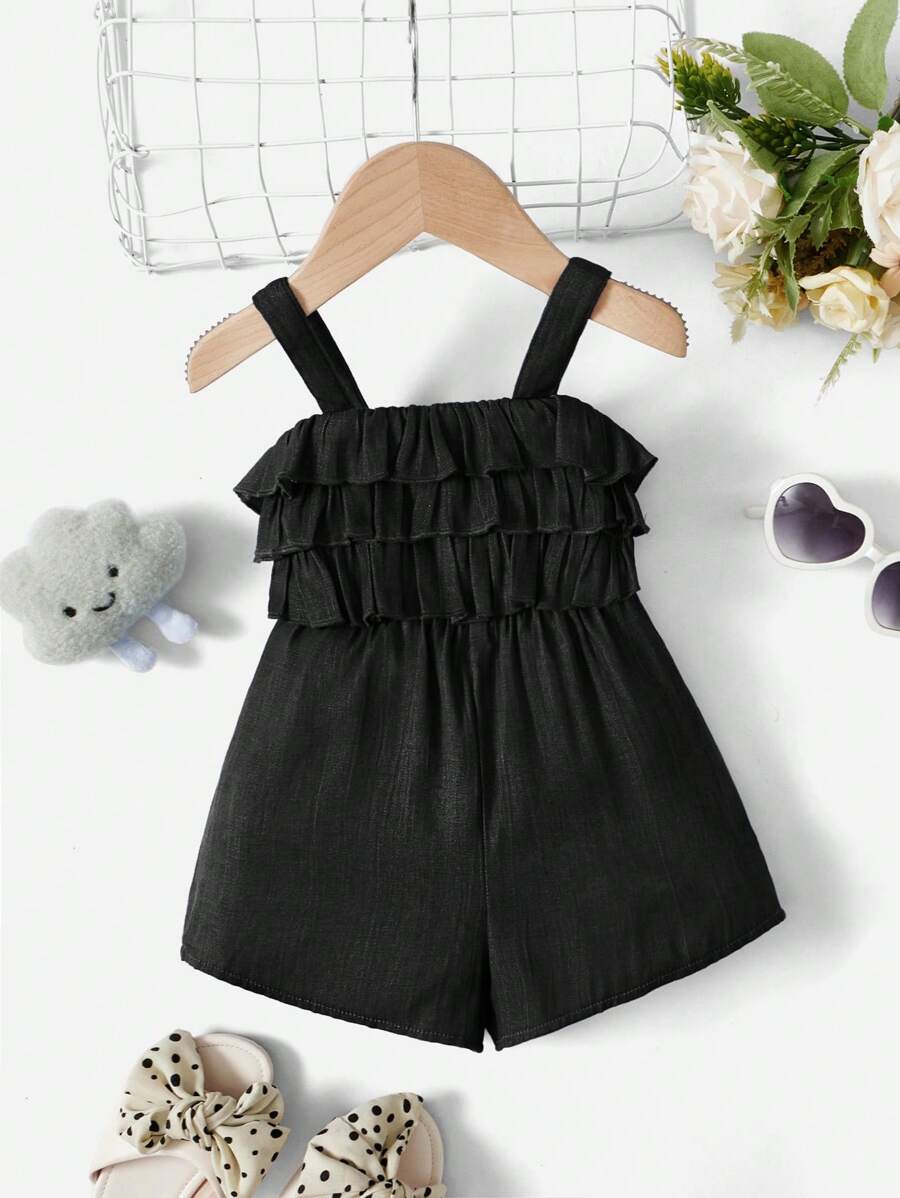 SHEIN Baby Girl Cute Playful Ruffle Trim Strap Romper - Black - View 1