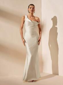 SHEIN BAE Vestido de satén asimétrico con hombro al aire y espalda descubierta, con lazos, estilo minimalista y sexy, apropiado para fiestas, eventos de cóctel, ocasiones formales, vestidos de dama de honor, vestidos de cumpleaños