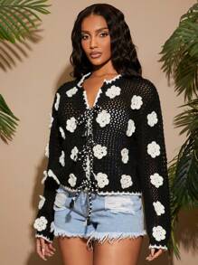 SHEIN SXY 镂空山茶花钩针双色针织开衫夹克，设计独特 - 黑色 - 查看 3