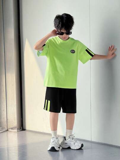 SHEIN Tween Boy Summer Sports Short Sleeve T-Shirt And Shorts Set