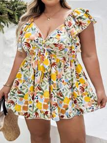 SHEIN CURVE+ 大码女式节日彩色印花面料蝙蝠袖蝴蝶结前 A 字衬衫，休闲浪漫夏日度假衬衫