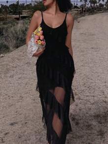 Mesh Insert Sexy Spaghetti Strap Summer Dress - Black - View 1