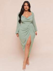 SHEIN BAE 女式加大码优雅派对约会性感闪光亮片垂坠领口褶饰不对称下摆开衩长袖连衣裙，豌豆绿 - 綠色 - 查看 4