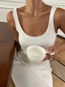 Livesso Damen ärmellose lange einfarbige Lässig Strickkleid, Sommer Damen Pulloverkleid - Weiss - Übersicht 3