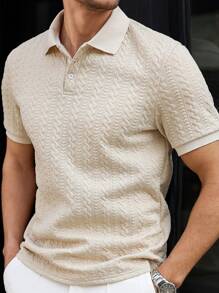 Manfinity Bizformal Men's Apricot Striped Heart Textured Fabric Casual Polo Shirt, Polo Shirts For Men Button Up , Polo T Shirt Men , Polos For Men - Apricot - View 2