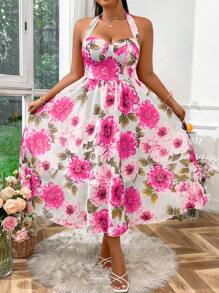SHEIN Clasi Plus Size Women Floral Print Elegant Halter Neck Dress, Vacation Style - Hot Pink - View 4