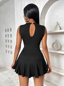 SHEIN PETITE Women's Black Mock Neck Sleeveless Side Ruched Layered Ruffle Hem Jumpsuit - Black - View 2