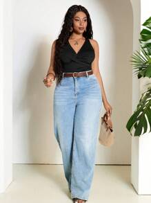 SHEIN PETITE CURVE Summer Beach Women Solid Color Simple Style Bodysuit - Black - View 4