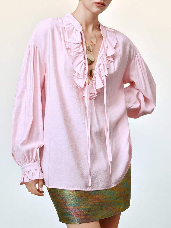 Arave Women's Elegant Sequin Fabric Ruffled Tie Neck Puff Sleeve Blouse,Pink Top,Long Sleeve Top,