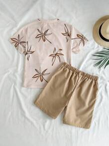 Vintaside Kids 2pcs Big Kid Summer Set: Round Neck Short Sleeve Embroidered Fashionable & Cool Versatile T-Shirt Paired With Solid Color Versatile Casual Shorts, Suitable For Friends Gathering, Family Dining Or Shopping - Apricot - View 2