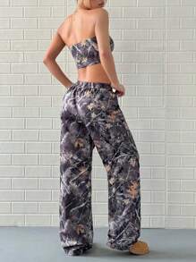 SHEIN PETITE Set da 2 pezzi da donna, top a fascia con stampa di foglie appassite vintage e pantaloni larghi casual, per l'autunno