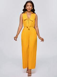 Lyxana Elegant Commuter Solid Color Bowknot Waist Pleated Jumpsuit