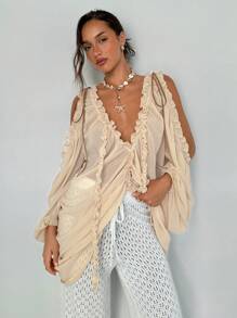 Aloruh Blusa bohemia de mujer en gasa de color albaricoque con cuello en V profundo con volantes y terciopelo