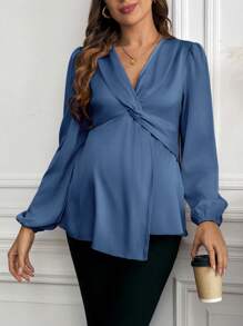 SHEIN Pregnant Women V-Neck Solid Twist Design Elegant Long Sleeve Blouse - Blue - View 3