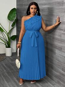 Slaydiva Plus Size Elegant Formal Party Asymmetric Shoulder Ruffle Waisted Pleat Dress, Apricot Color, Summer