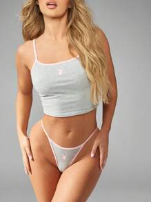Missguided x Playboy Bộ đồ lót dây và quần lọt khe hở cao bằng vải cotton pha trộn mềm mại, thoải mái khi ngủ, đồ mặc nhà thể thao năng động - Màu Xám nhạt - Xem 6