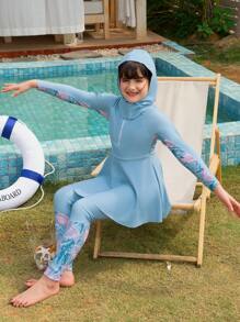 可爱少女椰子树印花分体泳衣套装