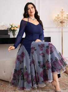 Modelyn Plus Size Women Floral Print Off Shoulder Long Sleeve Elegant Dress - Navy Blue - View 1
