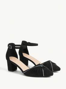 CUCCOO CHICEST Women's Pointy-Toe Chunky-Heel Mid-Heel Pumps With Rhinestone Twist Vamp, Faux Suede, Comfortable & Elegant, Black, Suitable For Summer, Afternoon Tea Dates - Black - View 11