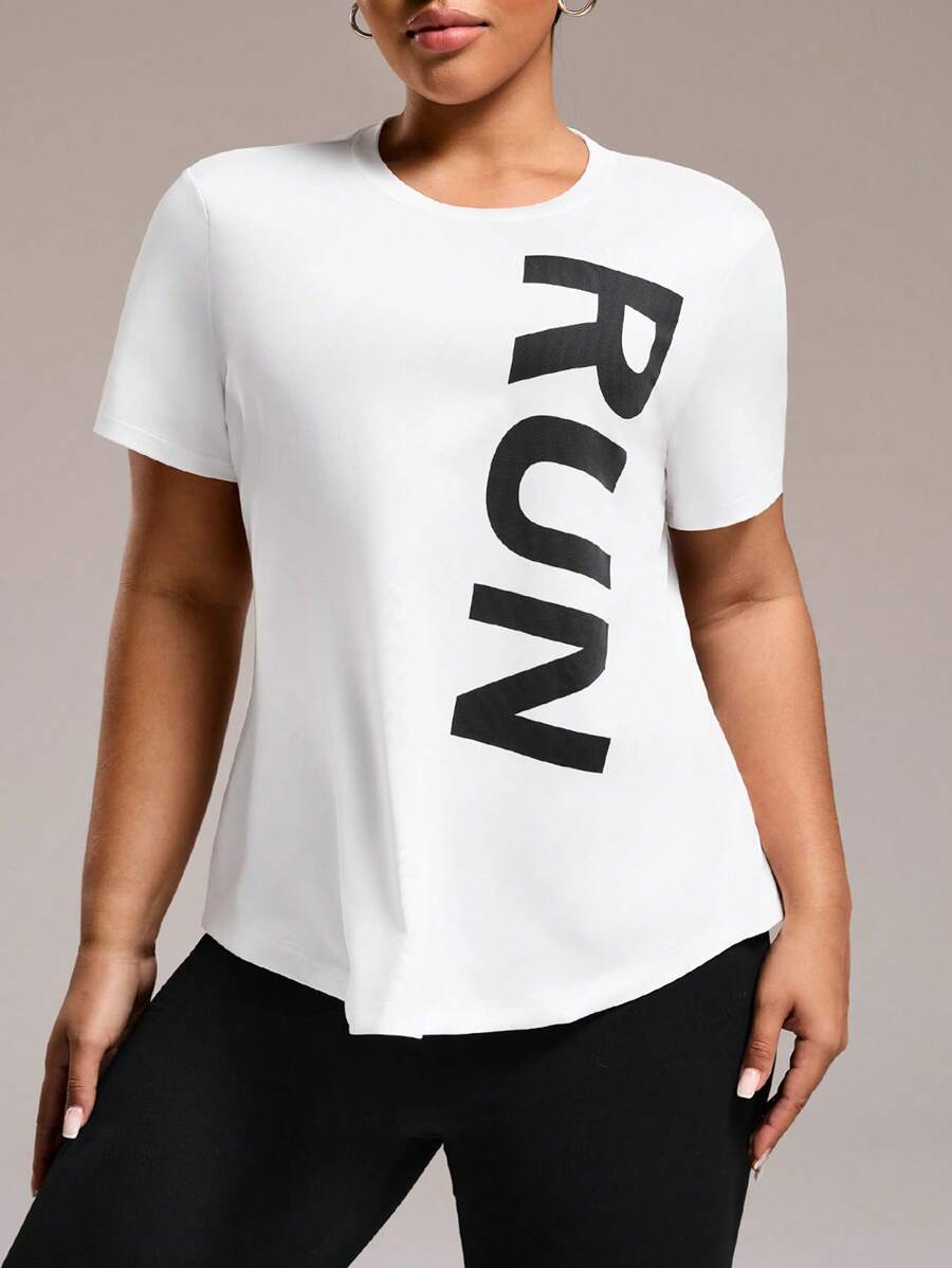Easithlete Plus Size Letter Print Short Sleeve Sport T-Shirt - White - View 1