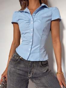 Roylia Women Casual Retro American Style Ruched Simple Button Down Blue Short Sleeve Shirt - Blue - View 2